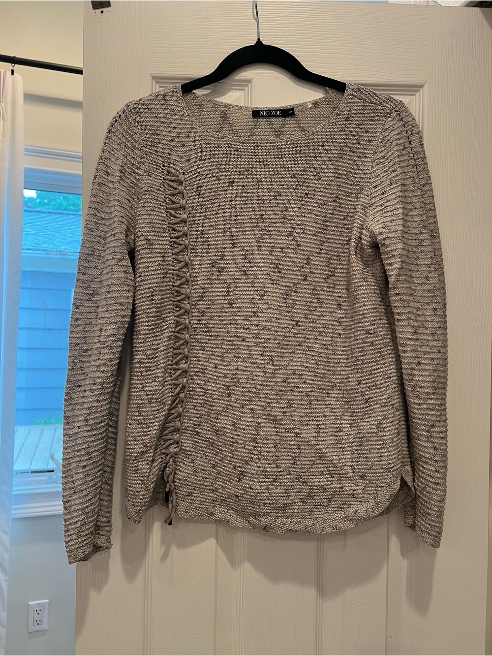 NIC+ZOE Marled Light Gray Knit Sweater with Side Lace-Up Trim